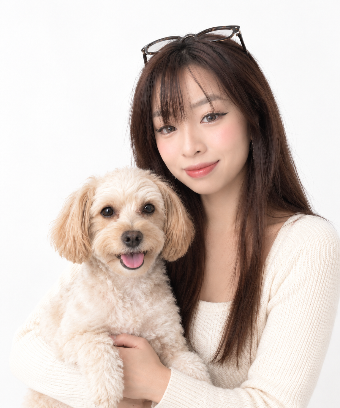 A woman holding a small cream-colored dog