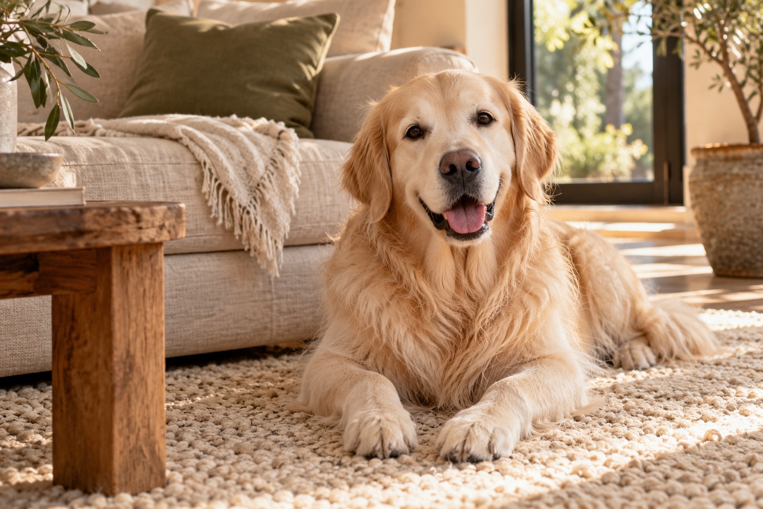 A golden retriever relaxing on a soft rug in a sunlit home