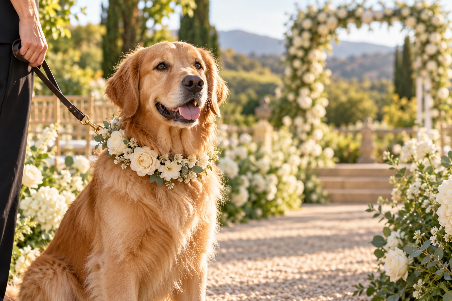 A golden retriever with an ivory floral collar, accompanied on a leash at a garden wedding